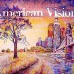 American Visions album artwork by Dan Kwarcinski, colored pencils sketch bringing together the country and the city life at sunset